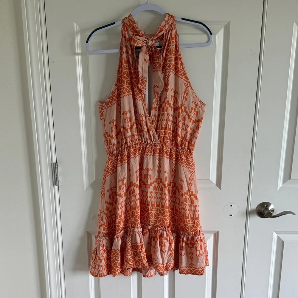BTFBM Orange Patterned Light Pink Aztex Tribal Sleeveless Halter Mini Dress Med